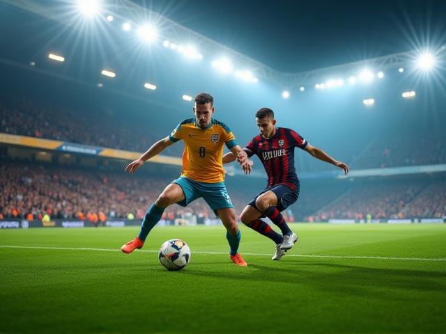 Partido de fútbol en estadio lleno con jugadores disputando el balón