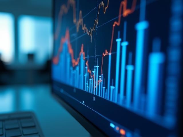 Gráficos bursátiles ascendentes en pantalla de ordenador con oficina moderna de fondo