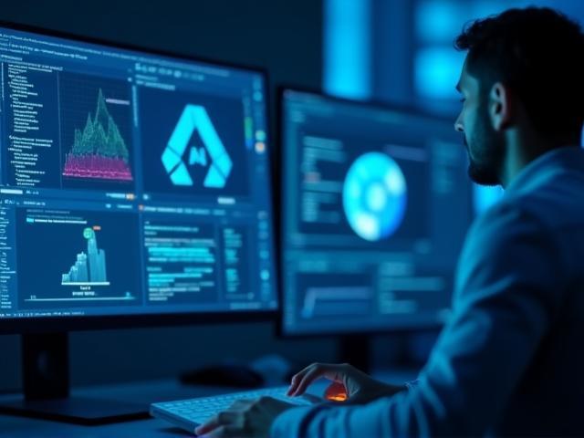 Pantalla con gráficos y diagramas sobre inteligencia artificial, con programador trabajando